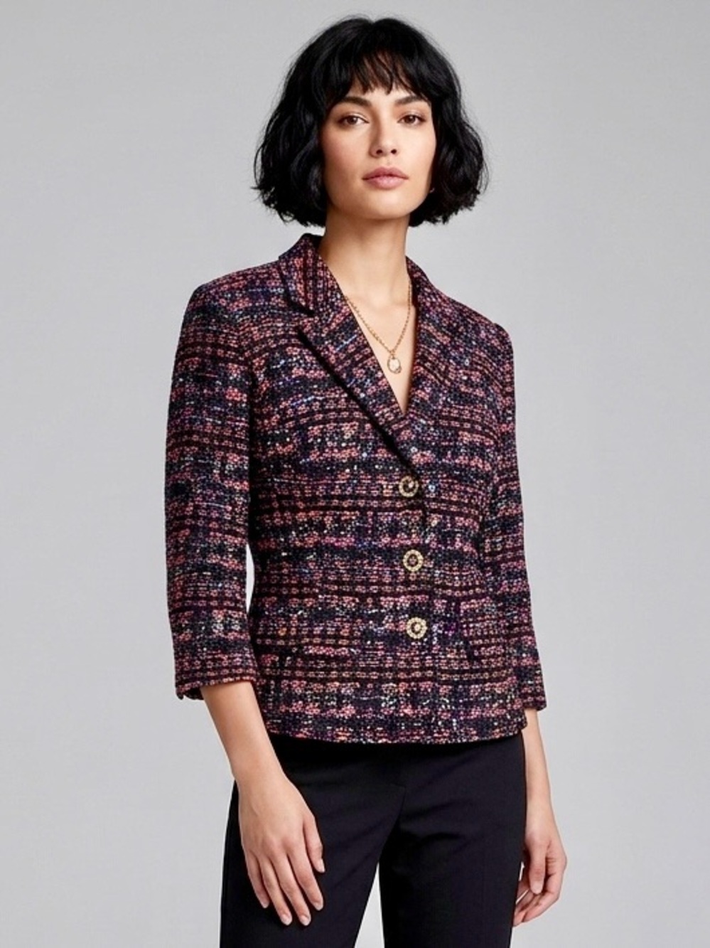 St. John Black Mulitcolor Tweed 3/4 Sleeve Blazer, Size 14